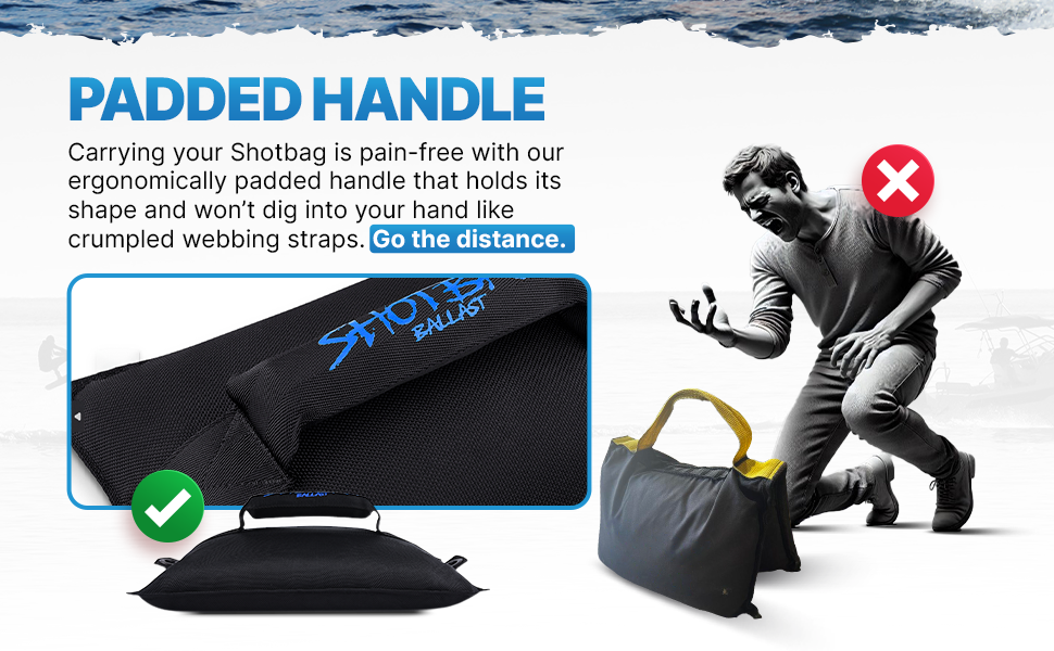 Shotbag ballast bag with padded handle for pain-free carrying, compared to webbing strap competitor
