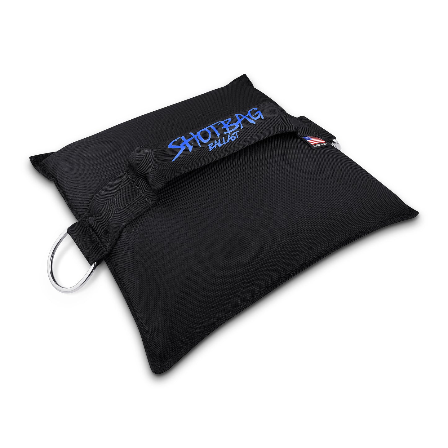 Durable 50 lb ballast bag filled with steel shot, featuring a secure D-ring for fast anchoring. Ideal for tents, photography, and marine use.