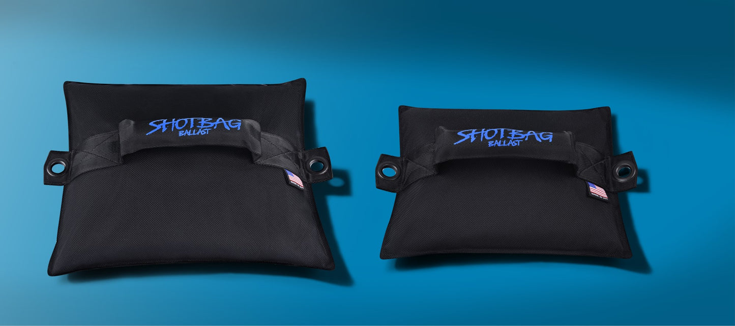 Two Shotbag Ballast weight bags – 50 lb and 25 lb – with handles and grommets, made in the USA