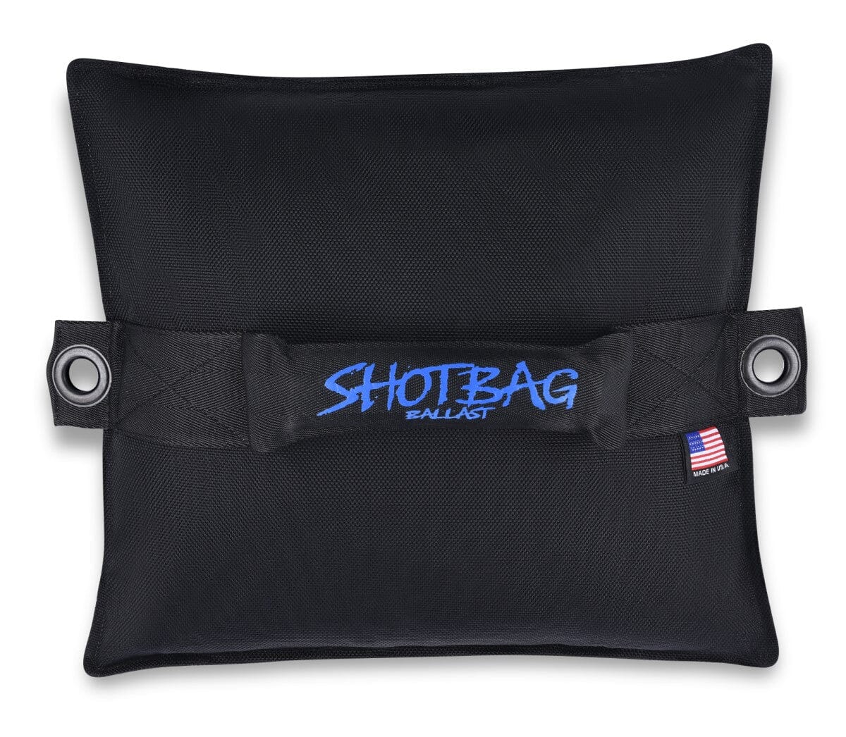 50 lb black Shotbag Ballast with reinforced handle and dual grommets, American flag tag shown

