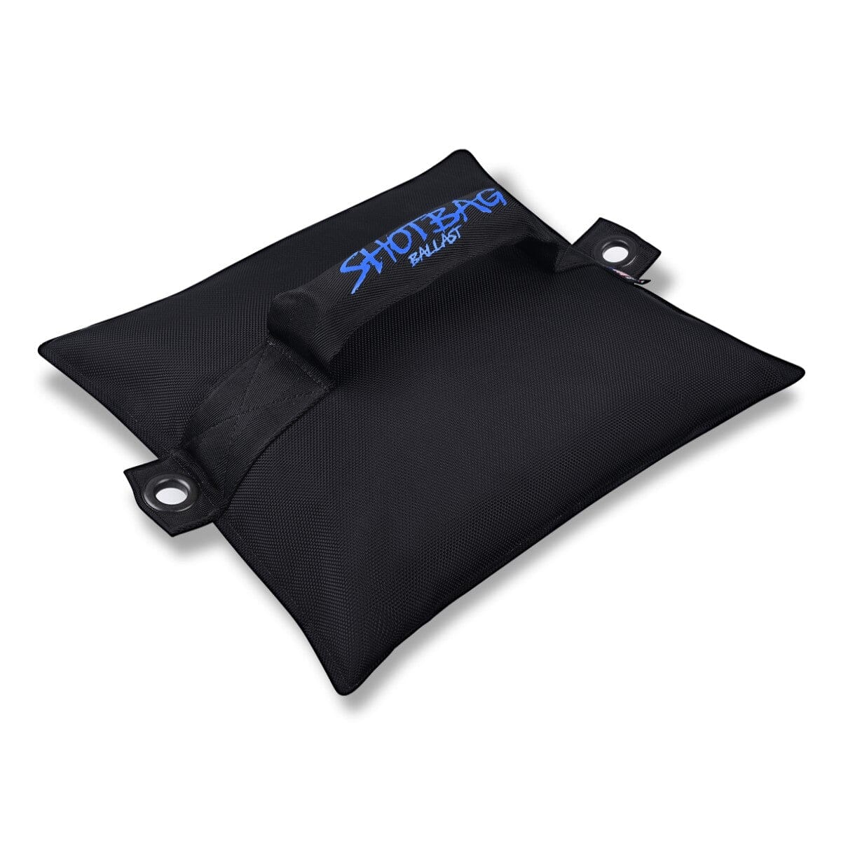 Angled view of a 50 lb Shotbag Ballast filled with steel shot, featuring a reinforced handle and side grommets for secure tie-down