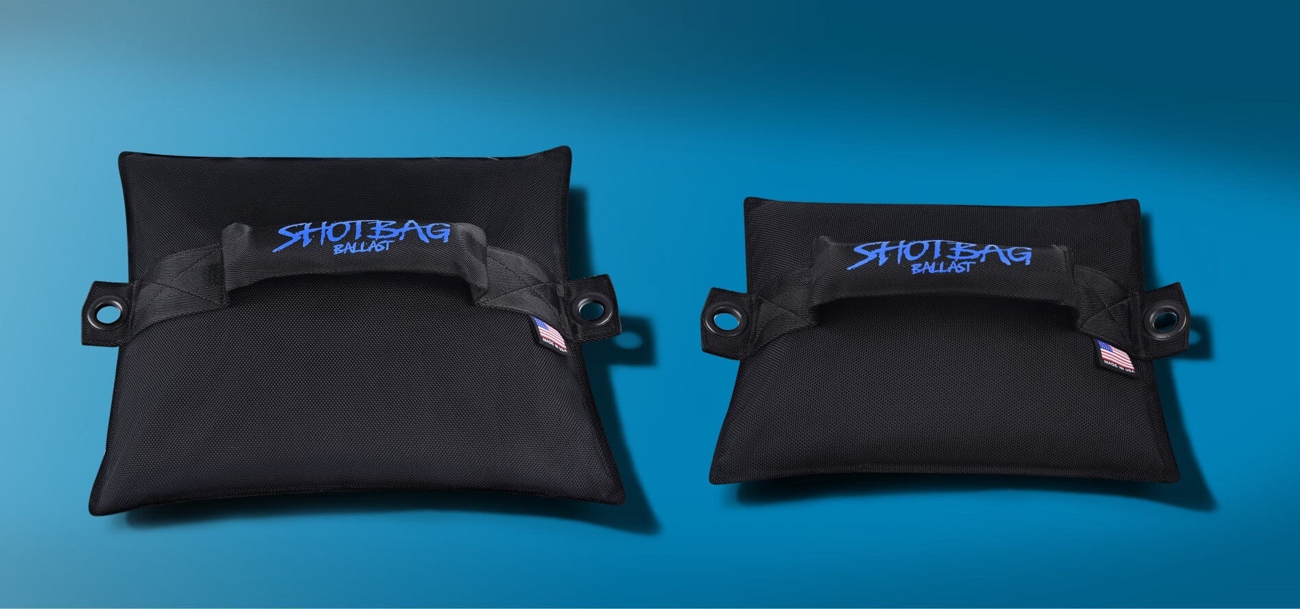 Two Shotbag Ballast weight bags – 50 lb and 25 lb – with handles and grommets, made in the USA